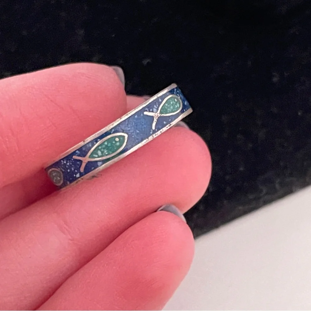 Vintage Jesus Fish Enamel Silver Tone Mermaid Core Summer Beach Religious Ring